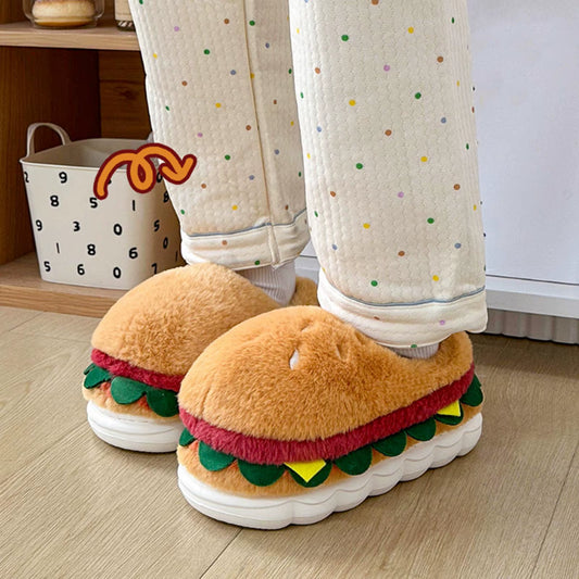 Hamburger Warm Shoes Slippers Cartoon Cozy Winter Footwear Funny House Nonslip Slippers for New Year Apartment Living Room